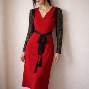 Amanda Wakeley‎ Red & Black Lace Midi Dress Size 4 Whimsigoth Dark Romance